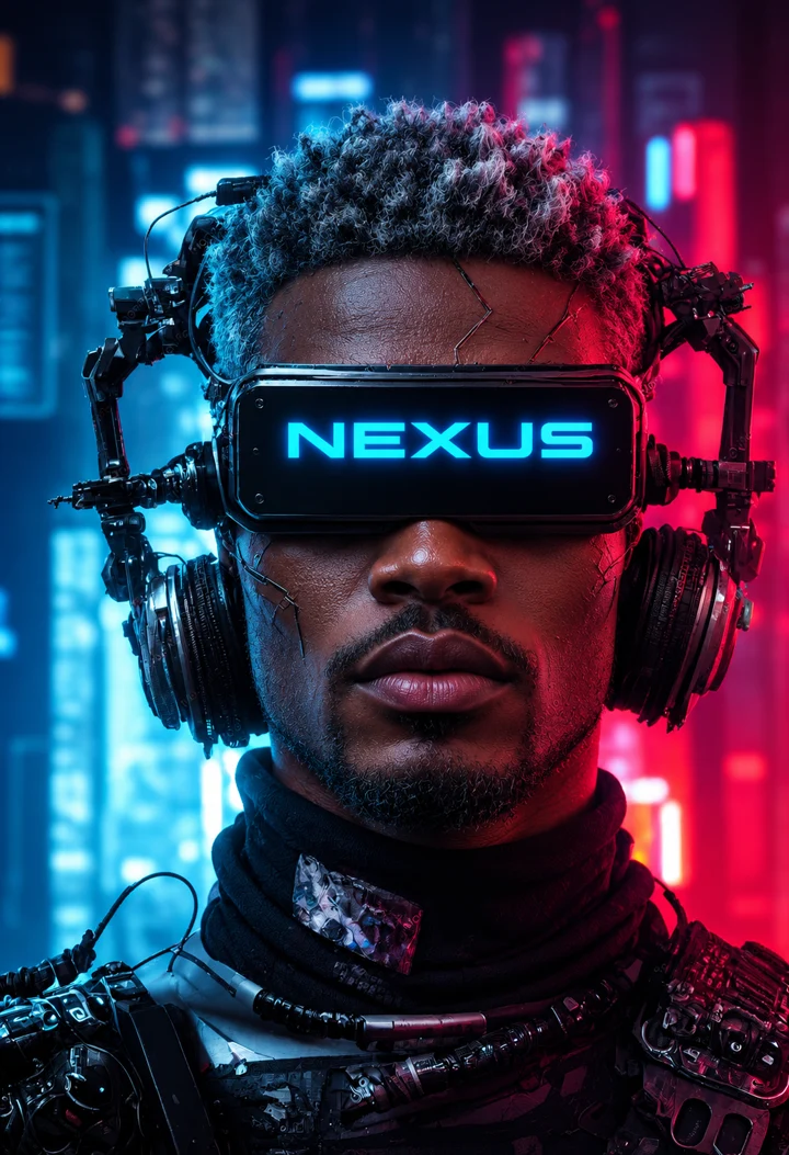 Personagem futurista Nexus com óculos tecnológicos